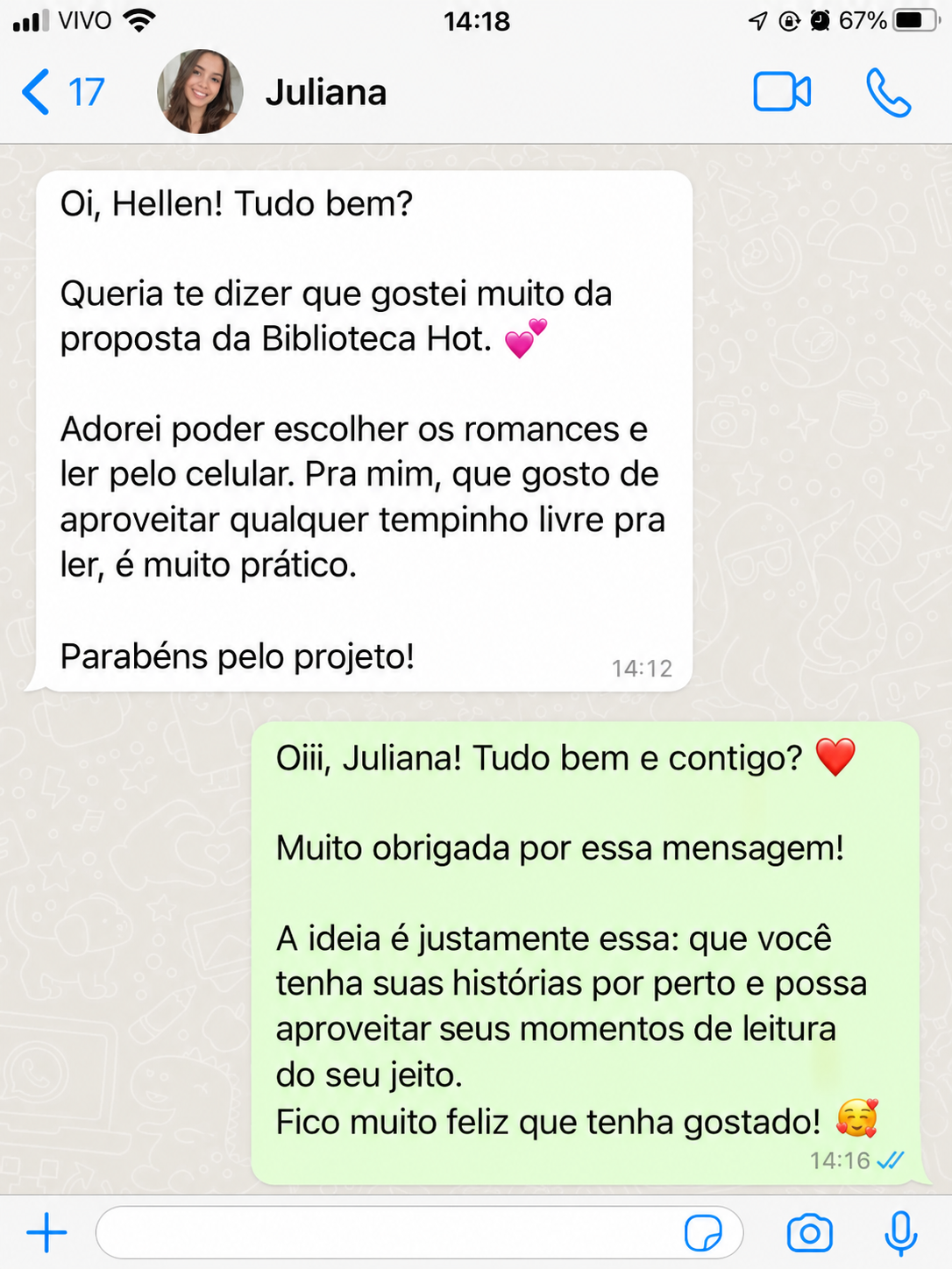 Conversa de Juliana com a Biblioteca Hot