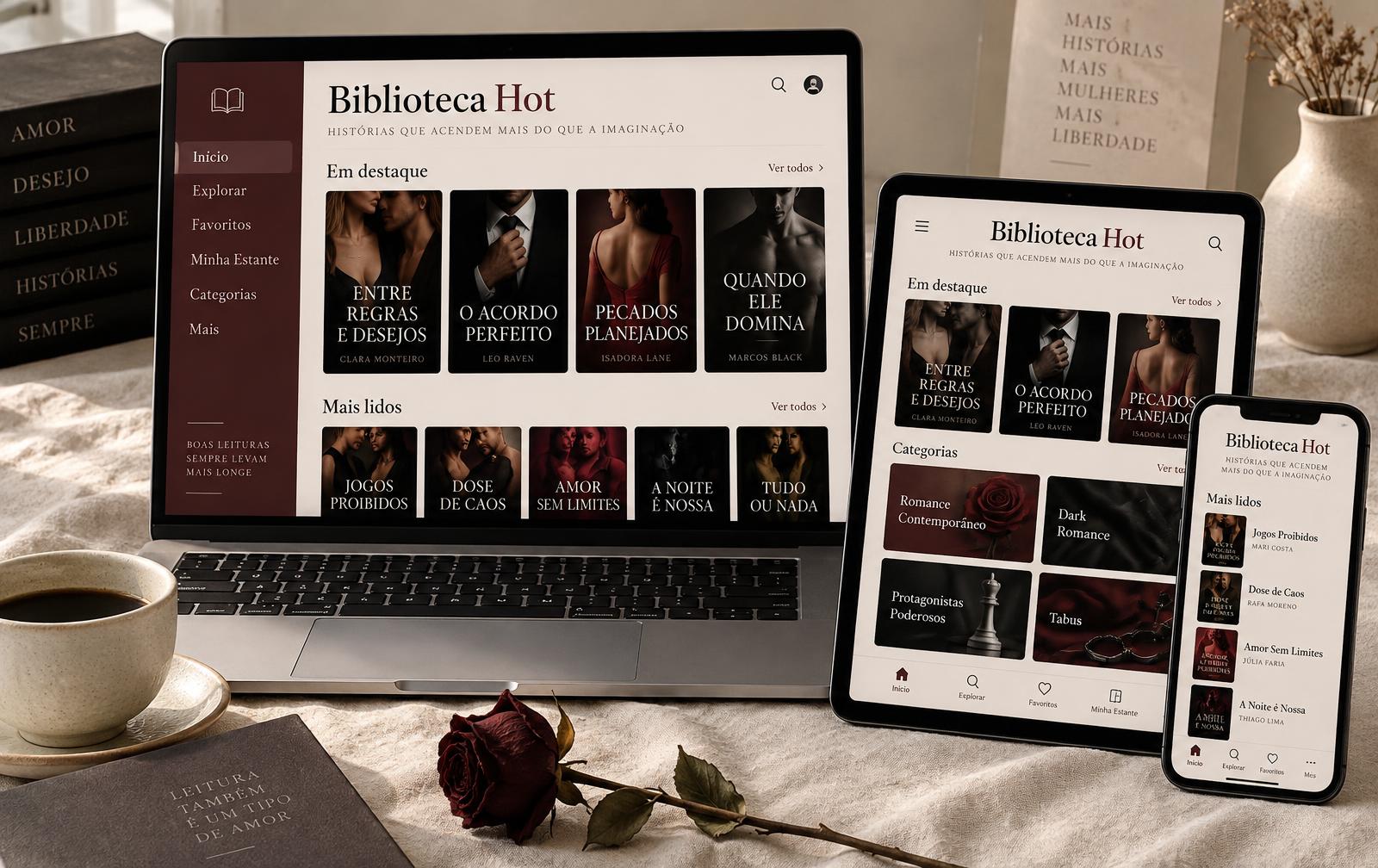 Biblioteca Hot no notebook, tablet e celular